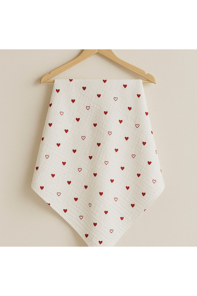 KapsülBebek 100% Cotton Muslin Baby Blanket 100X100 cm - Double Sided Red Heart Pattern