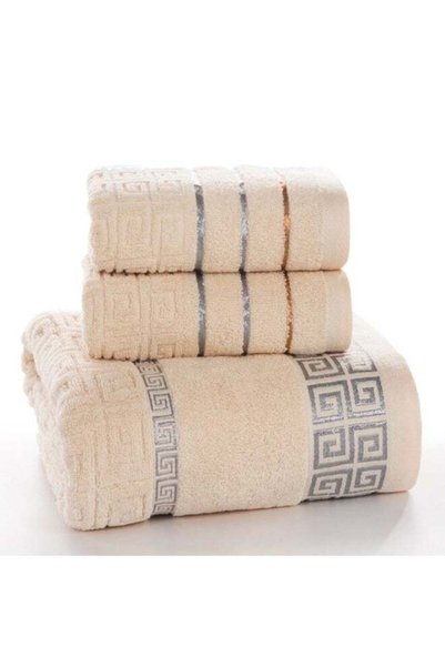 Generic 3-Piece Plaid Cotton Bath Towel Beige 30 X 20 X 10cm