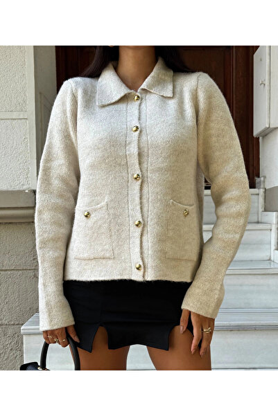 Lusin Γυναικεία κομψή ζακέτα πλεκτών υψηλής ποιότητας με λεπτομέρεια με κουμπιά και τσέπη