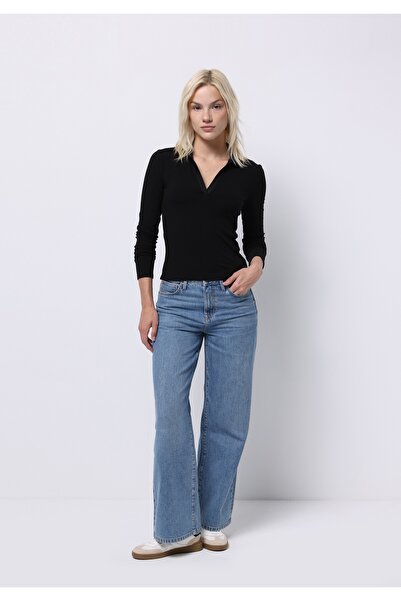 Colin's Slim Fit Polo Yaka Düz Kadın Siyah Uzun Kol Tişört