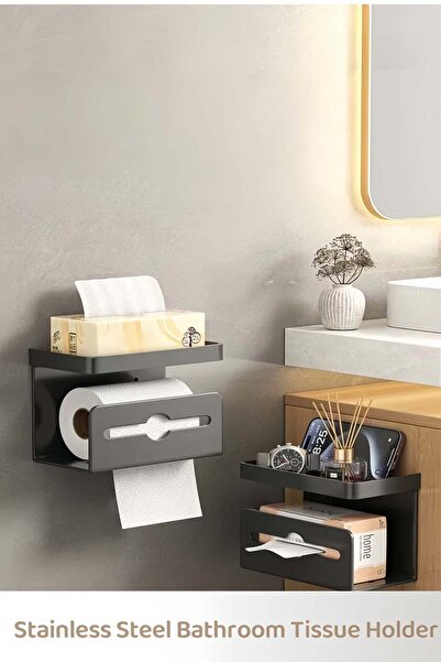 Generic Stainless Steel Toilet Paper Holder with Shelf & Phone Tray - Waterproof Rust-Proof, Self-Adhesive