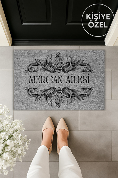 Dormot Modern Dijital Baskı Gri Soyisimli Kapı Önü Paspas 70x45cm