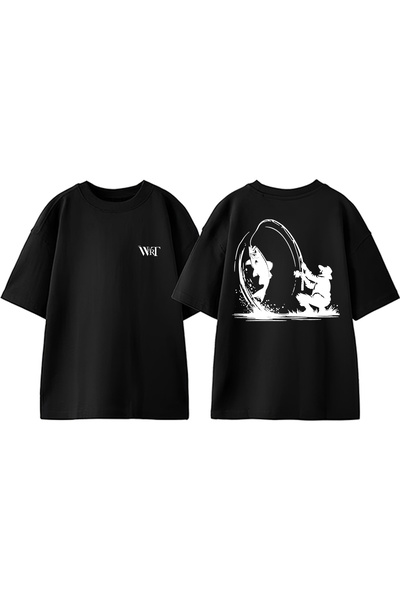 THEWERT Tricou negru supradimensionat din bumbac cu imprimeu pe spate cu desi...