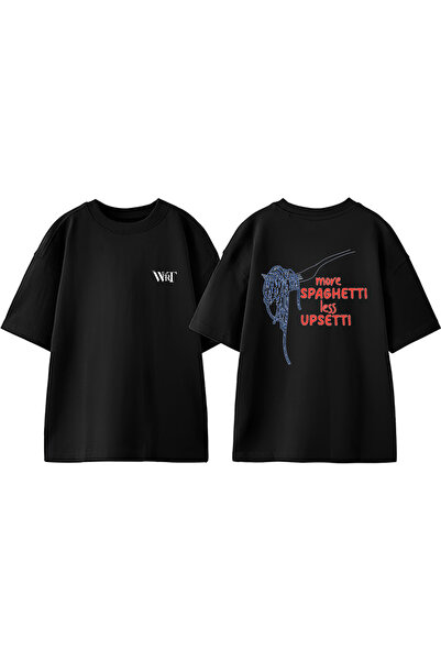 THEWERT تي شيرت قطني أسود كبير الحجم مطبوع عليه تصميم سباغيتي 2 على الظهر