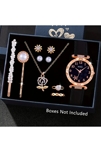 SOWOO WATCH 10 Parça Saat ve Takı Seti Yıldız Desenli Dijital Yuvarlak Kadran...