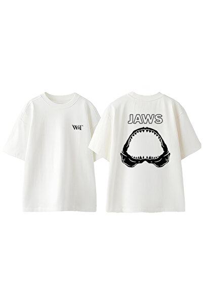 THEWERT Tricou alb supradimensionat din bumbac cu imprimeu Jaws 3 Design