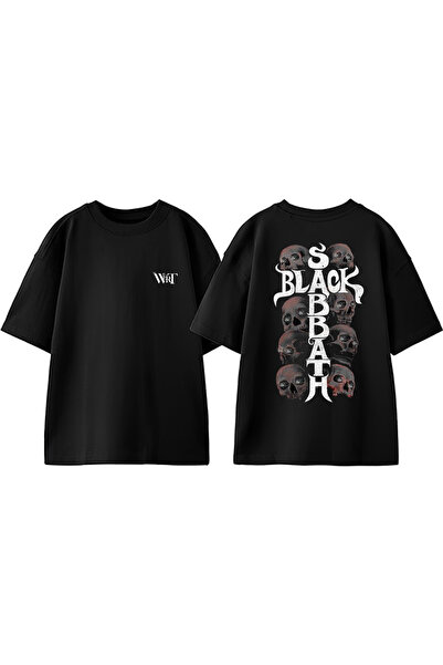 THEWERT Tricou negru supradimensionat din bumbac cu imprimeu pe spate Black S...