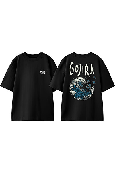 THEWERT Tricou negru supradimensionat din bumbac cu imprimeu pe spate Gojira 6 Design