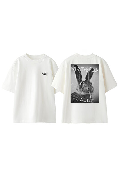 THEWERT Tricou alb supradimensionat din bumbac cu imprimeu cu design de iepure