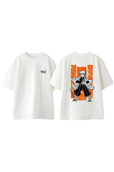 THEWERT Tricou supradimensionat alb din bumbac cu imprimeu pe spate cu design Zenitsu Thunder