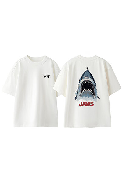 THEWERT Tricou alb supradimensionat din bumbac cu imprimeu Jaws 2 Design