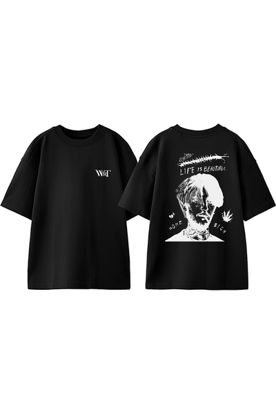 THEWERT Tricou oversize negru din bumbac cu imprimeu pe spate Lil Peep 3 Lil ...