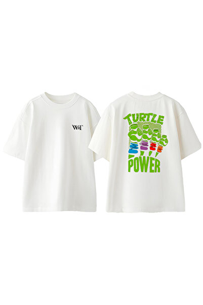 THEWERT Tricou supradimensionat alb din bumbac cu imprimeu Turtle Power Design