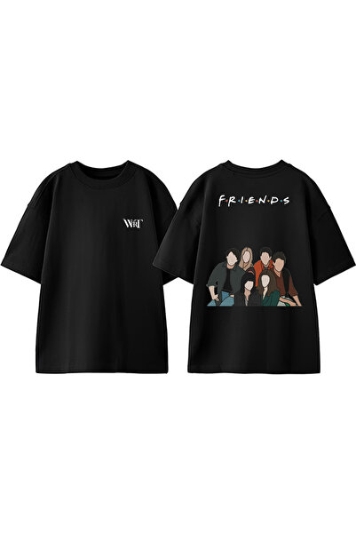 THEWERT Tricou negru supradimensionat din bumbac cu design Friends Series 1