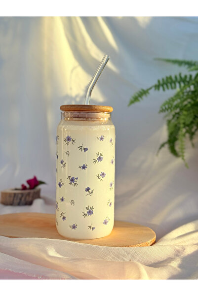 REMİ DESİGN Mor Çiçek Desenli Bambu Kapaklı, Pipetli Cam Soğuk kahve Bardağı