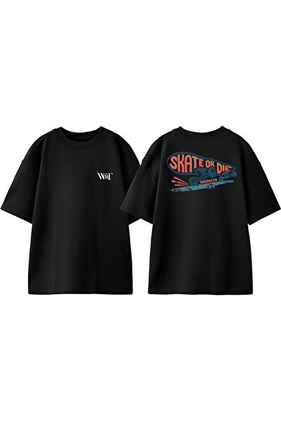 THEWERT Tricou negru supradimensionat din bumbac cu imprimeu pe spate cu desi...