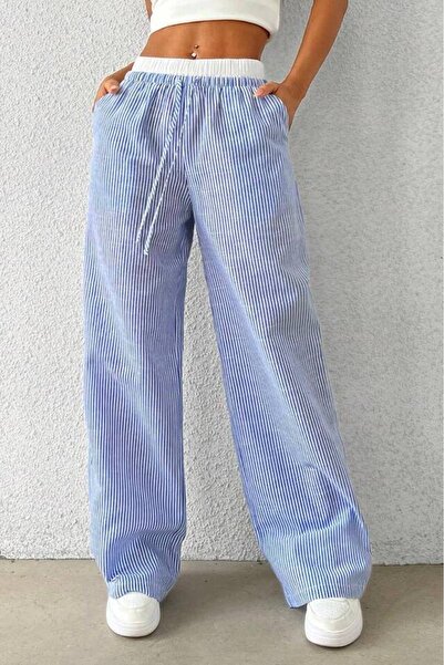 Velista Women's 4 Seasons Cotton High Waist Wide Leg Striped Loose Pants