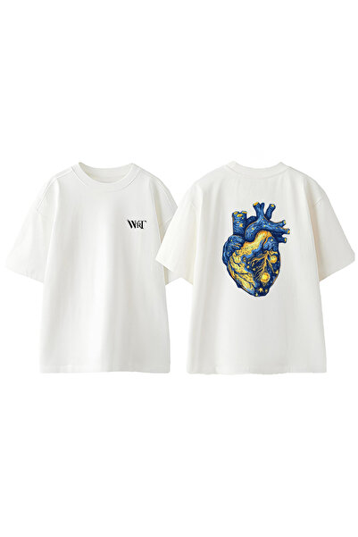 THEWERT Tricou supradimensionat alb din bumbac cu imprimeu pe spate Van Gogh ...