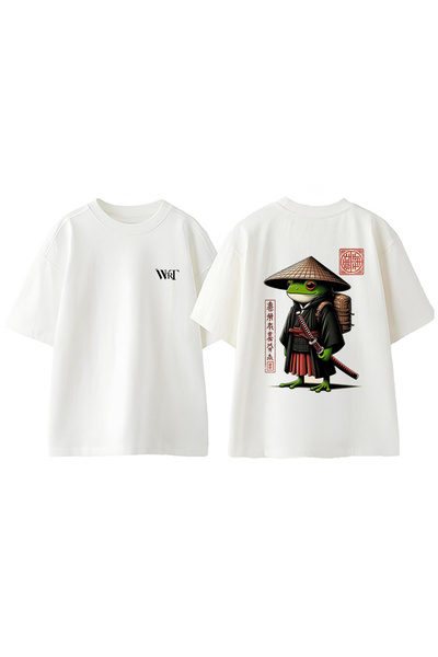 THEWERT تي شيرت قطني أبيض كبير الحجم مطبوع عليه تصميم "ضفدع وابنه 1" على الظهر