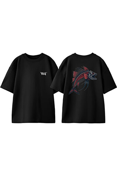 THEWERT Tricou negru supradimensionat din bumbac cu imprimeu pe spate cu design schelet de pește