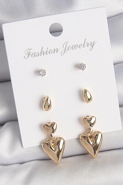 ALFA AKSESUAR 03 Brass Gold Color Zircon Stone Dangle Heart Model 3 Pair Women Earrings Set - Tj-Bkp10610