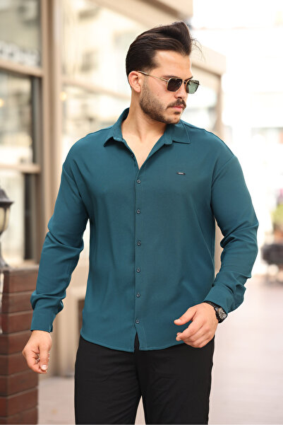 Artı1 Half Oversize Long Sleeve Easy Ironing Sweat Absorbent Breathable Double Face Fabric Men's Shirt -801-Petrol