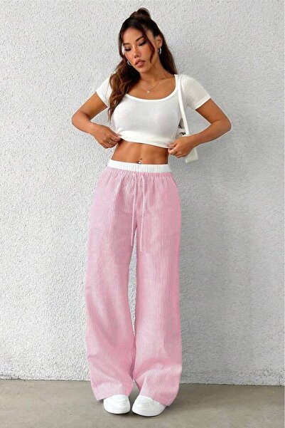 Velista Γυναικείο παντελόνι 4 εποχών από βαμβακερό ψηλόμεσο φαρδύ παντελόνι με ρίγες