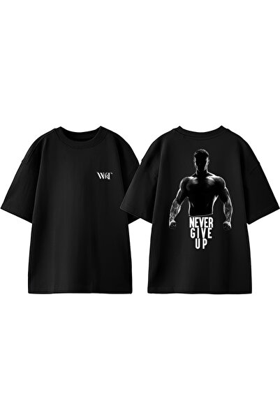 THEWERT Tricou negru supradimensionat din bumbac cu imprimeu pe spate Gym Nev...