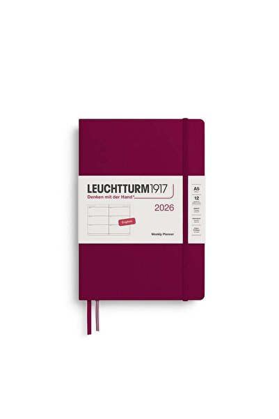 Leuchtturm1917 Orta Boy (A5) 12 Aylık Haftalık Ajanda 2026 Sert Kapak, İngilizce, Port Red372708