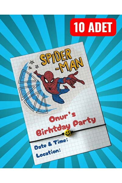 The Byzia Doğum Günü Davetiyesi - Hediyeliği Örümcek Adam Baskılı 9x9cm 10 Ad...