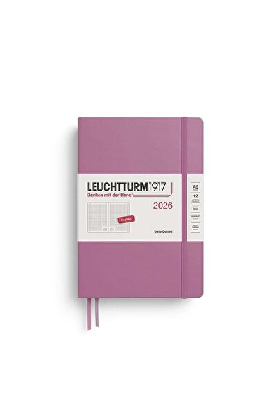 Leuchtturm1917 Orta Boy (A5) 12 Aylık Günlük Ajanda (Noktalı) 2026 Sert Kapak, İngilizce, Dusty Rose
