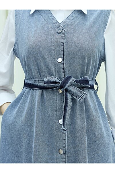 Modamorfo Beli Bağlamalı Önü Düğmeli Cepli Kot Jile -Buz Mavi