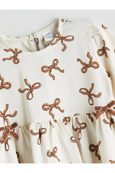 LC Waikiki Crew Neck Bow Printed Girl's Dress