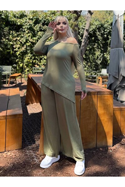 MODA Degaje Yaka Asymmetric Slit Flexible Women's Plus Size Viscose Suit