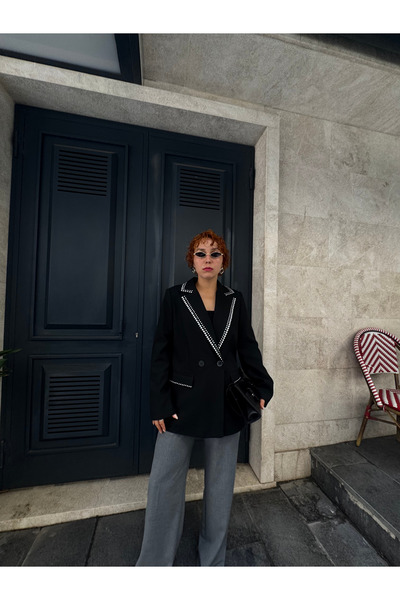 Bak'ap Premium Business Zımba Taş Baskılı Siyah Blazer Ceket