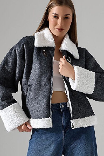 MissThetis Ceket Yaka Uzun Kol İçi Kolu ve Yakası Peluş Detay Fermuarlı Çift ...