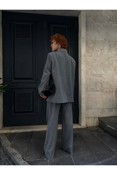 Bak'ap Premium Pamuklu Poliviscon Daddy Oversize Blazer Ceket -Palazzo Pantolon 2'li Takım