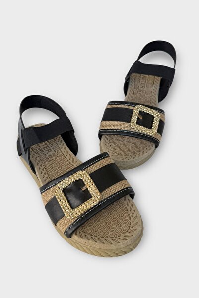 Liger Women's Buckled Straw Single Strap Rubber Detailed Sandals Black - Gold
