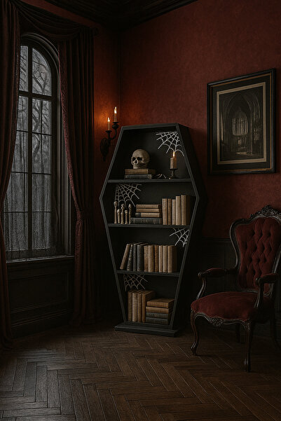 retron atölye woodworks Tabut kitaplık gotik tarz gothic kitaplık