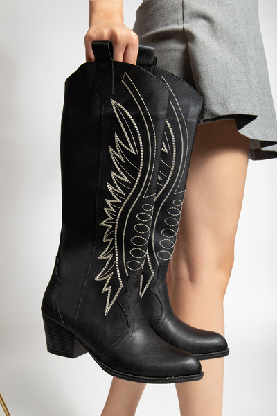 ŞIK STORE Kadın Kovboy Siyah Cilt Çizme Western Dikiş Detaylı Kalın Topuklu