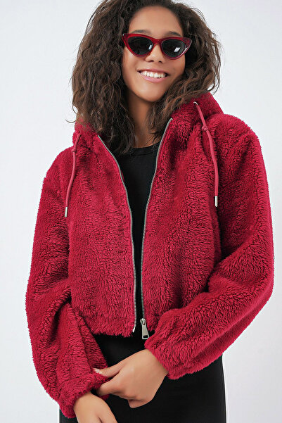 MissKybele İp Büzgülü Kapüşonlu Uzun Kollu İki Cepli Fermuar Kapamalı Kısa Cr...