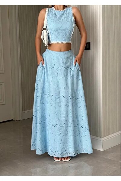 Hazinedan Women's Brode Fabric Lace Detail Lined Skirt Bluse Double Cotton Set