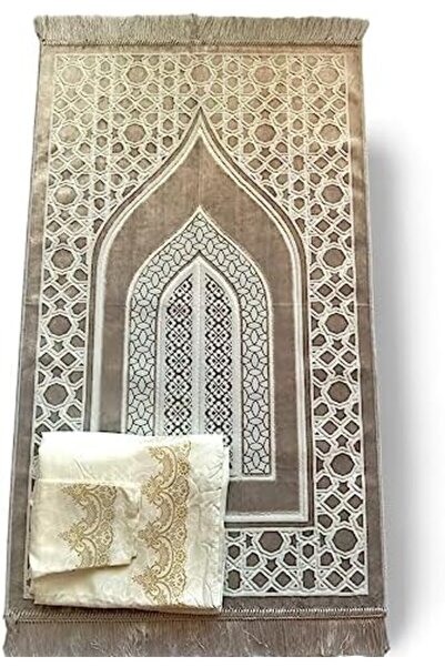 Generic Turkish Velvet Prayer Rug with Smart Eagle Design and Prayer Robe, Umrah Gift, Embroidered