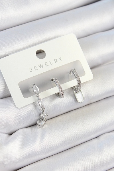 ALFA AKSESUAR 03 Brass Zircon Stone Dangle Model Silver Color 3-Piece Double Women's Earring Set - Tj-Bkp10787