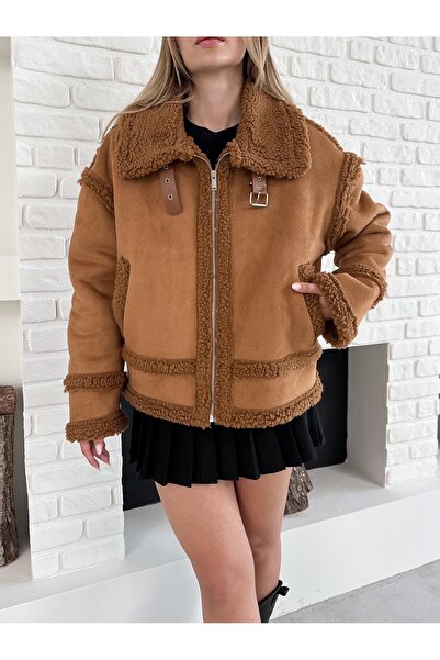 Ekim Store Kontrast Peluş Süet Biker Mont