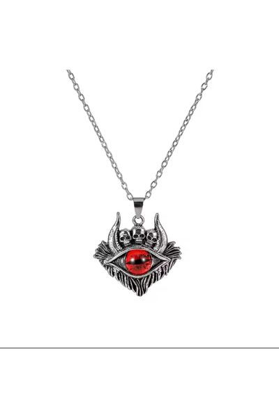 Yıldız Accessory Skull Detailed Horned Devil's Eye Chain Necklace Red Eye Blue Eye