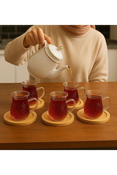 ENYAZA(2024) 6 Kişilik 12 Parça Bambu Tabaklı Borasilikat Termisil Cam Desenli Çay Bardağı Takımı Seti 200 Ml