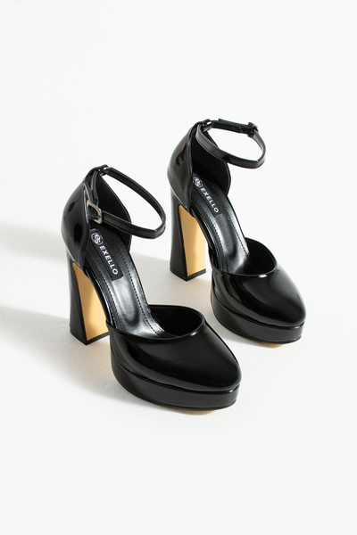 es exello Sabrina High Platform Thick Heeled Black Patent Leather Evening Dress Shoes