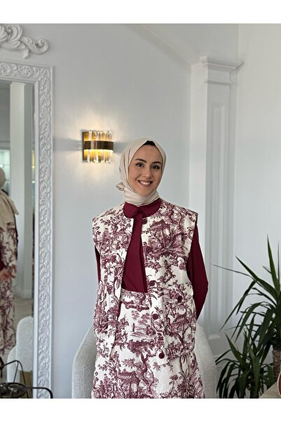 KAHMA COLLECTİON Kahma Burgundy Patterned Vest 25Y24152