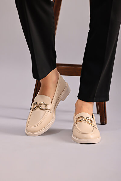 Modafadır Kadın Krem Loafer Makosen Casual Gold Renk Tokalı Günlük Ayakkabı